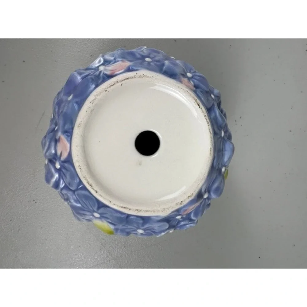 Blue Hydrangea Ceramic Planter 3D Floral Relief Succulent Pot with Drainage Hole